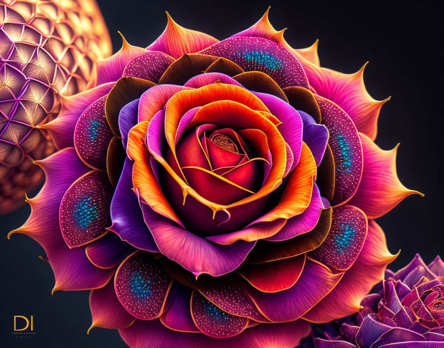 Colorful Stylized Rose Artwork with Layered Petals and Dotted Patterns