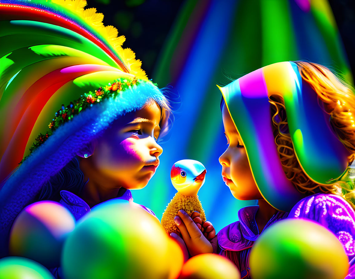 Children in Colorful Outfits with Toy Duck and Decorative Eggs