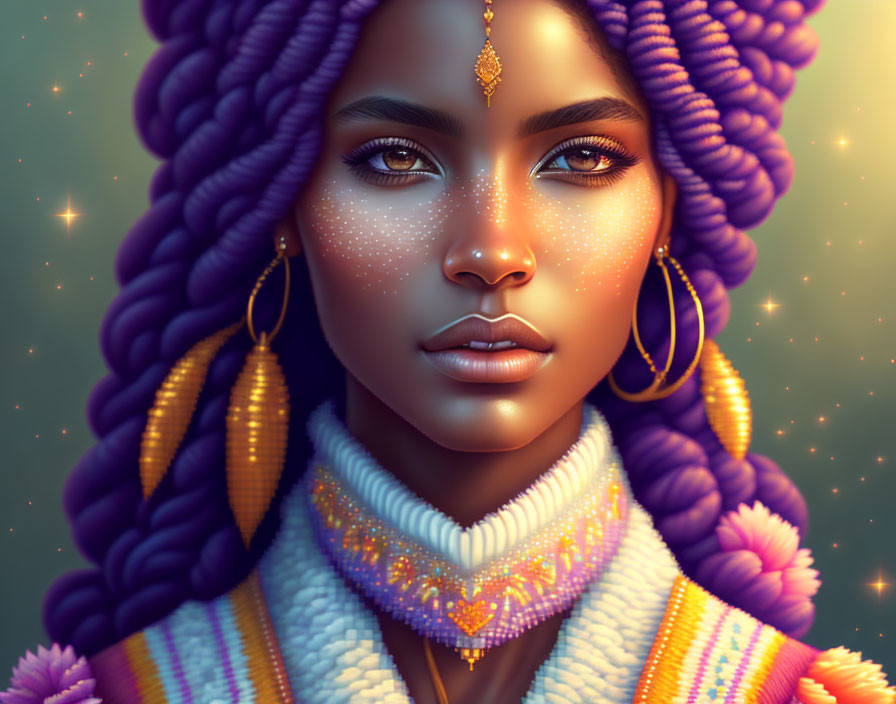 Vibrant digital portrait of woman with purple hair and sparkly freckles