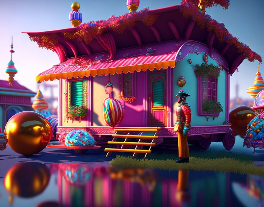 Colorful whimsical house with vibrant plants and reflective orbs in surreal setting