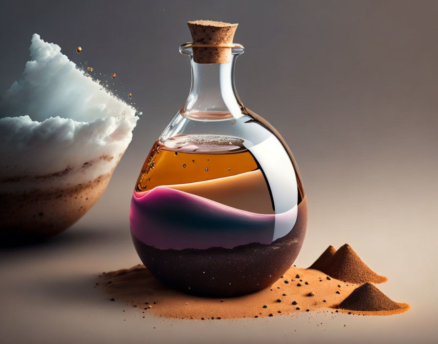 Layered Liquid Sunset in Glass Flask with Cork and Dessert Theme