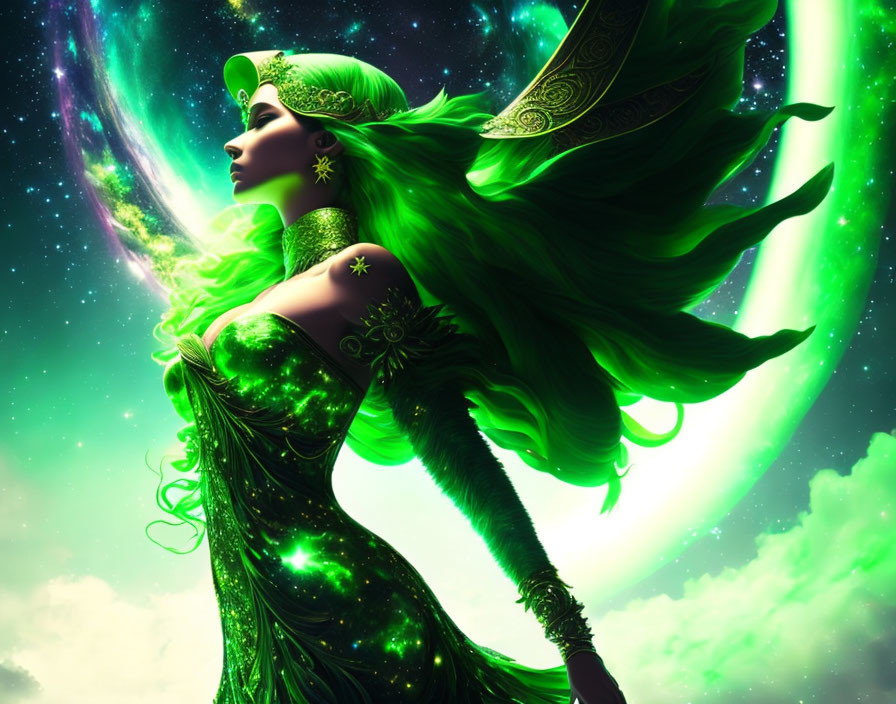 Digital art: Woman with green hair and dress in cosmic background.