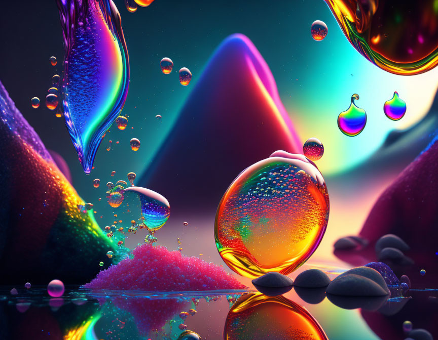 Colorful digital art: glossy bubbles, liquid droplets, neon-lit backdrop