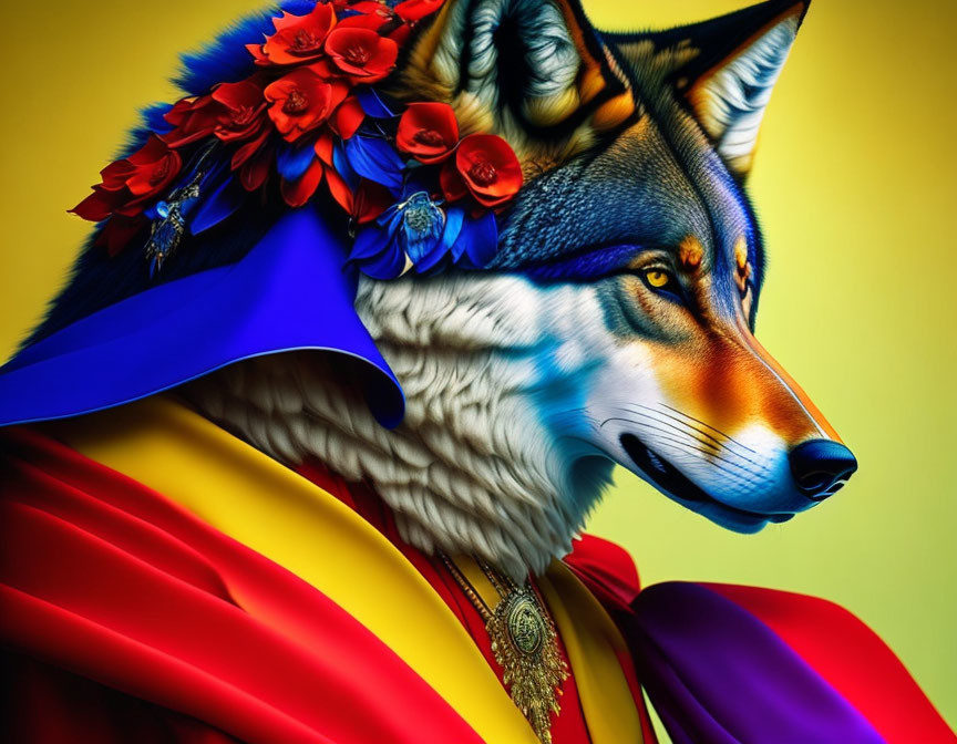 Colorful Wolf Artwork with Blue Eyes and Floral Headpiece