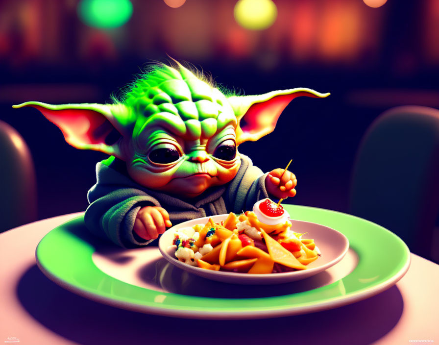 Digital artwork of baby character with big eyes and ears, admiring plate of food in warm setting