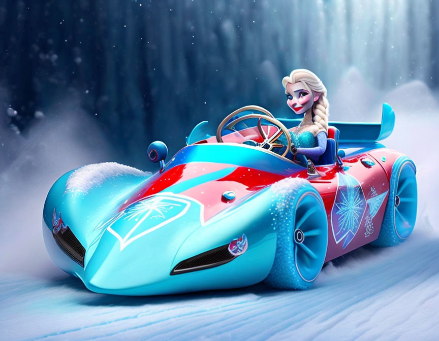 Fantasy ice-themed race car driven in snowy landscape