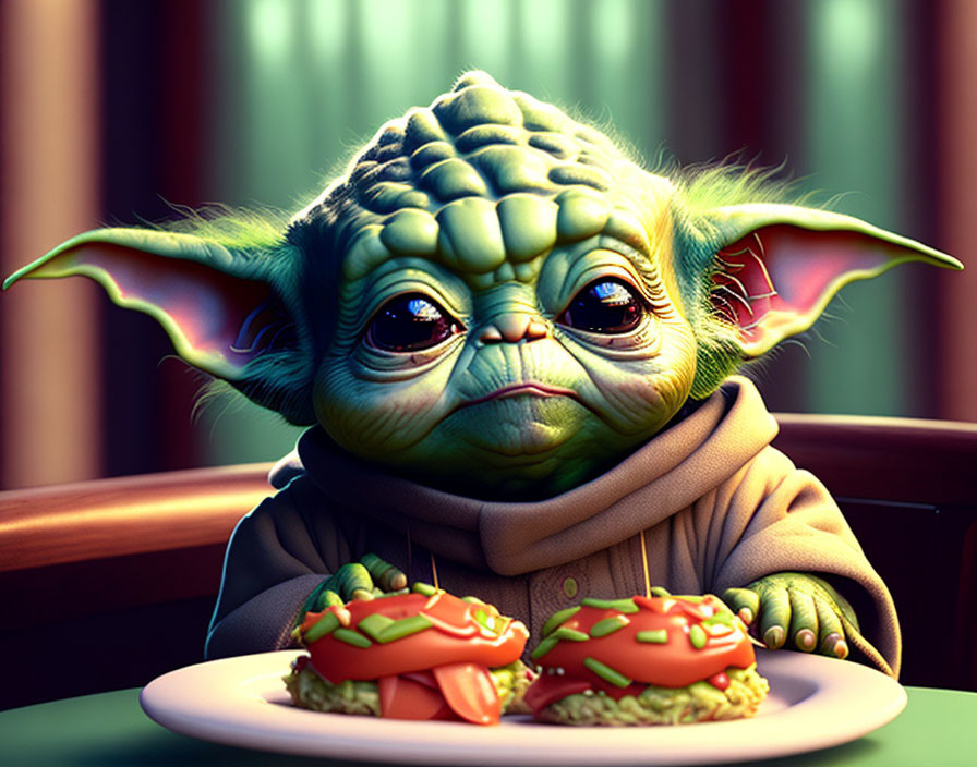 Baby Yoda-like character with big eyes and ears and sandwiches on a plate