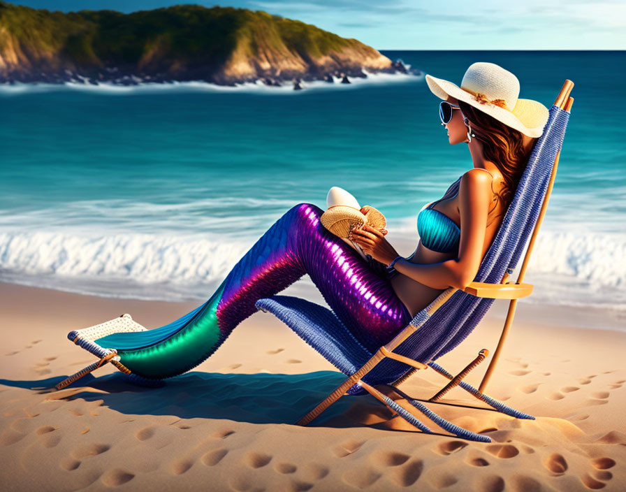 Mermaid tail woman lounging on beach chair by the sea