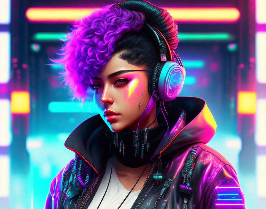 Digital art portrait: young person with purple hair, headphones, futuristic jacket, neon-lit backdrop