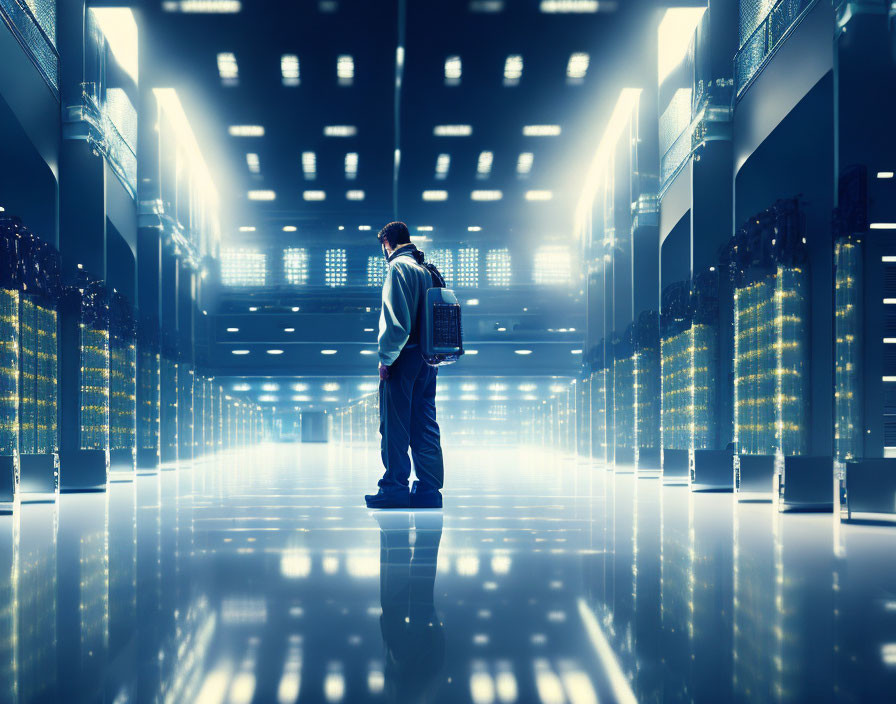 Futuristic data center with rows of server racks under blue lighting