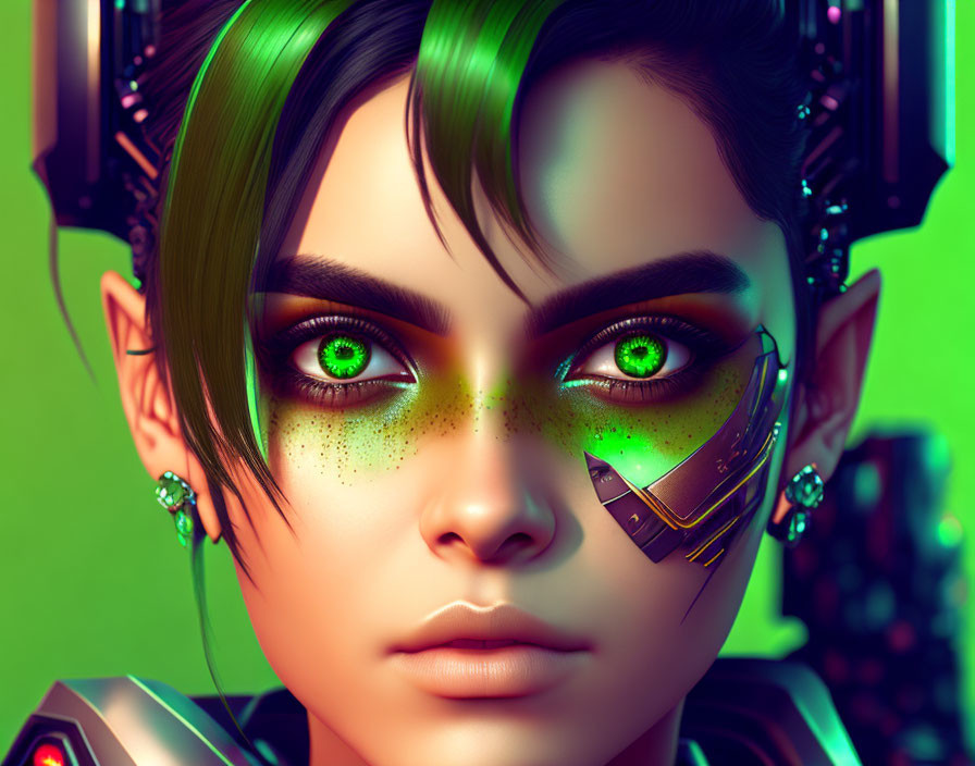 Female with green eyes, cybernetic enhancements, and green hair on vivid background