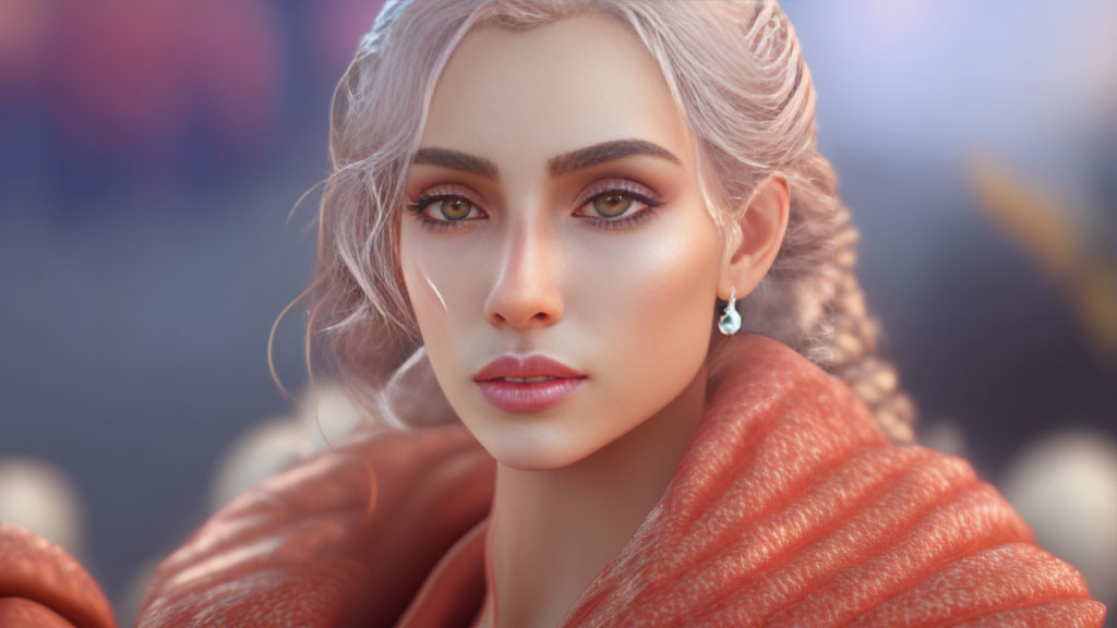 Detailed 3D female model with styled hair and red garment