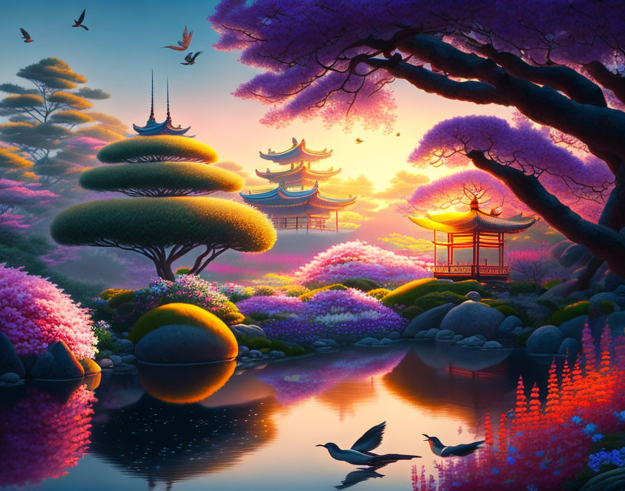 Colorful Sunset Garden Scene with Purple Trees, Pagodas, Flowers, Water, and Birds