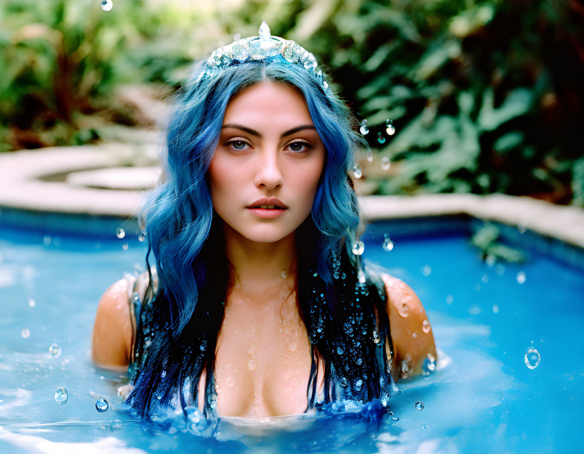 Blue-haired person in jeweled tiara emerges from pool with water droplets, lush green foliage.