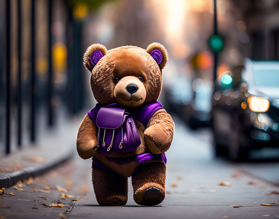 Teddy bear with purple backpack on sidewalk, autumn leaves in background