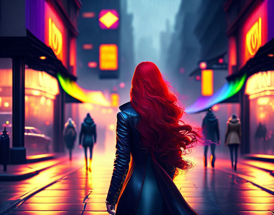 Red-haired woman strolling city street at dusk in rain with colorful lights