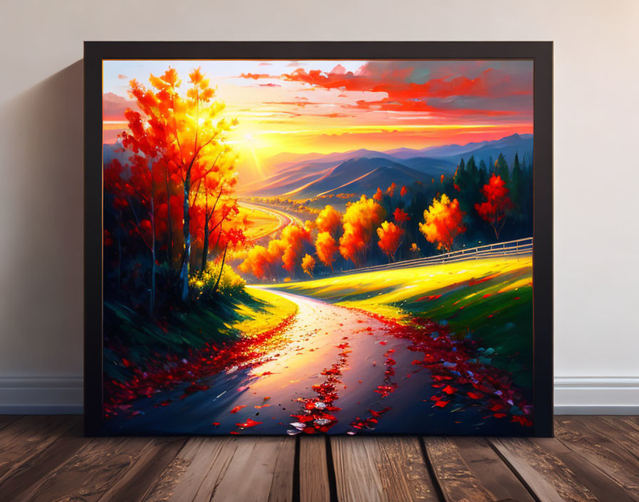 Colorful sunset painting over mountain landscape with autumn trees on wooden floor display