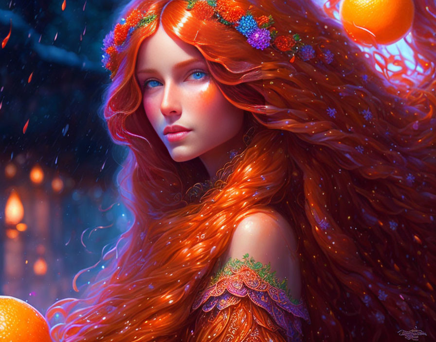 Digital Artwork: Woman with Red Hair in Snowy, Mystical Setting