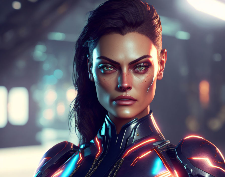 Detailed Futuristic Female Character with Glowing Neon Armor in Sci-Fi Setting