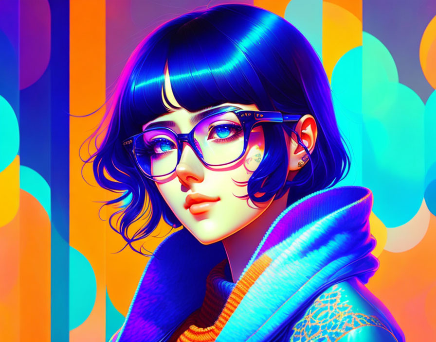 Colorful digital artwork of woman with blue hair and glasses and vibrant scarf against orange and blue background