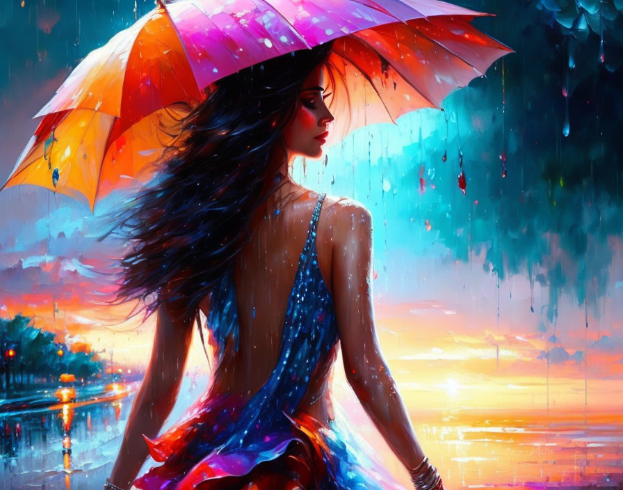 Colorful Umbrella Woman Watching Sunset in Rainy Cityscape