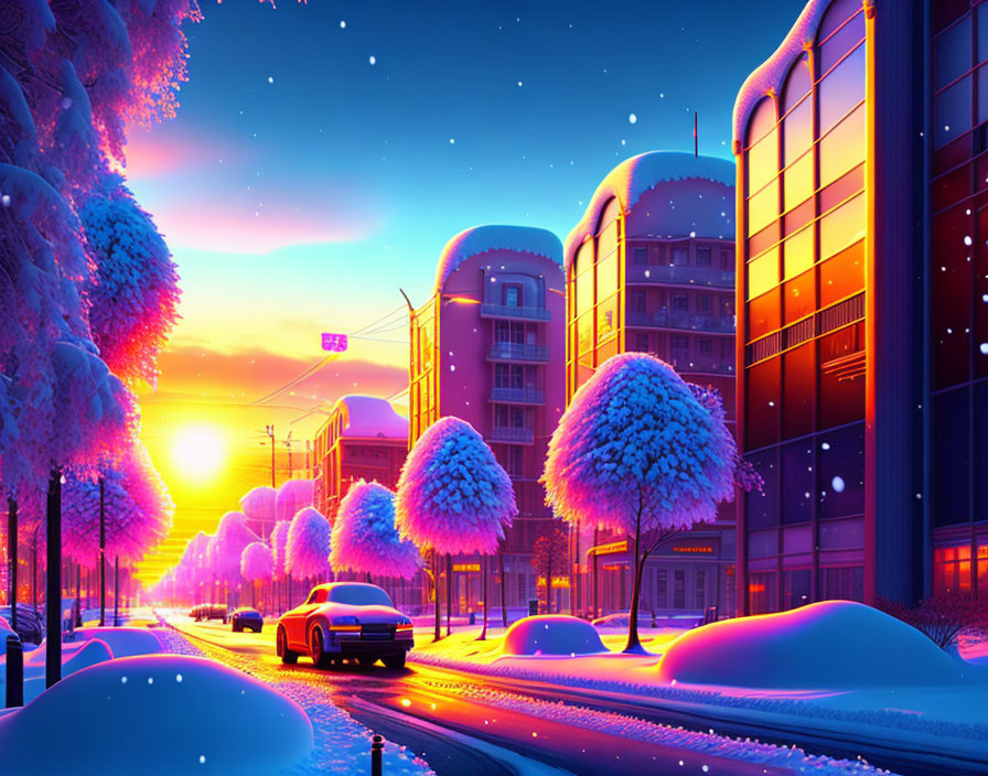 Snowy Winter Cityscape: Sunset with Pink and Purple Sky