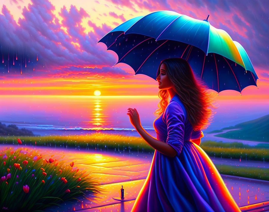 Colorful Umbrella Woman in Sunset Rain Shower