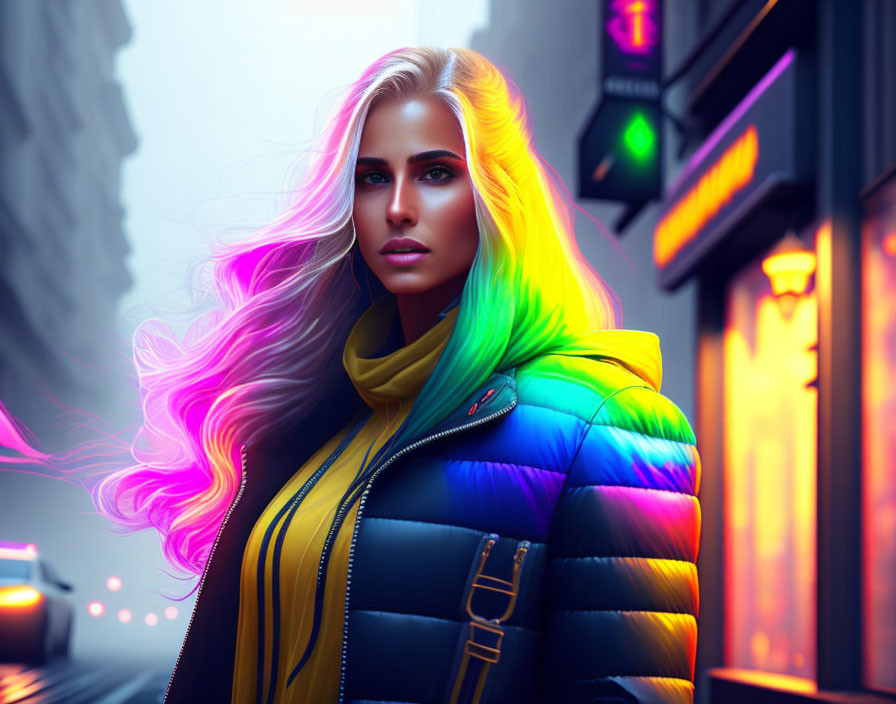 Colorful digital art portrait of a woman with neon hair against urban backdrop