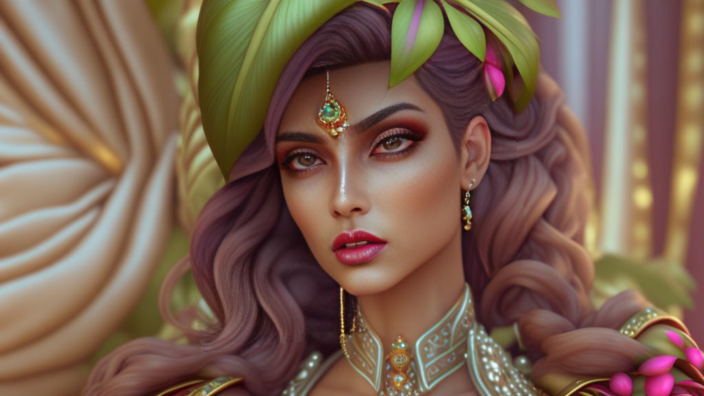 Elaborate jewelry and headdress on woman with green leaves and gold accents