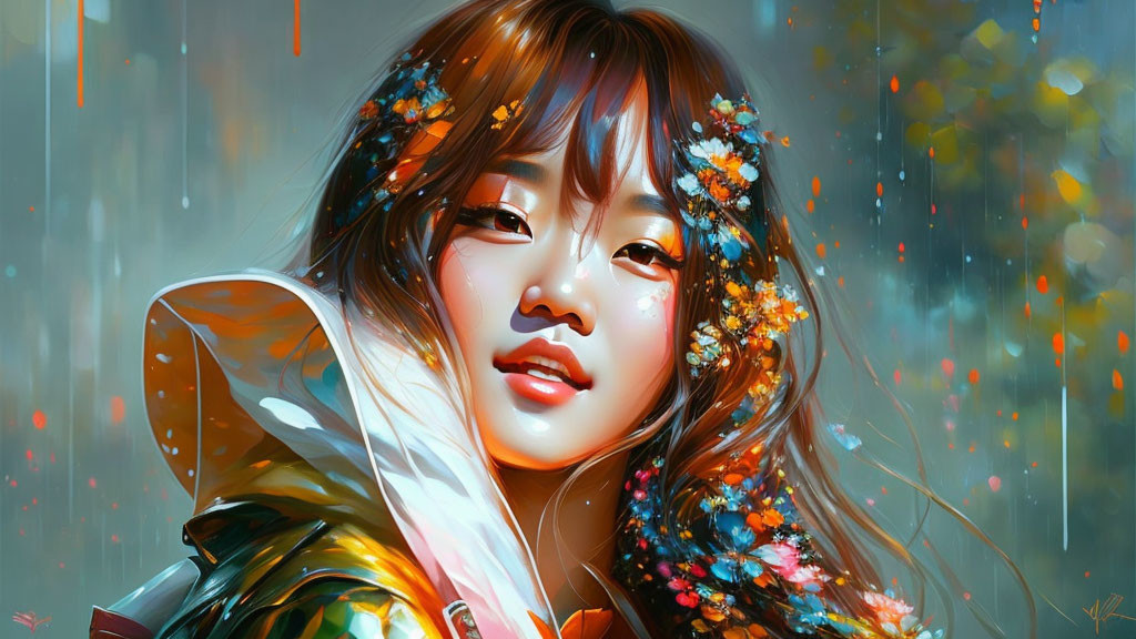 Colorful digital artwork: Young woman with floral hair decorations, amid streaks of rain.