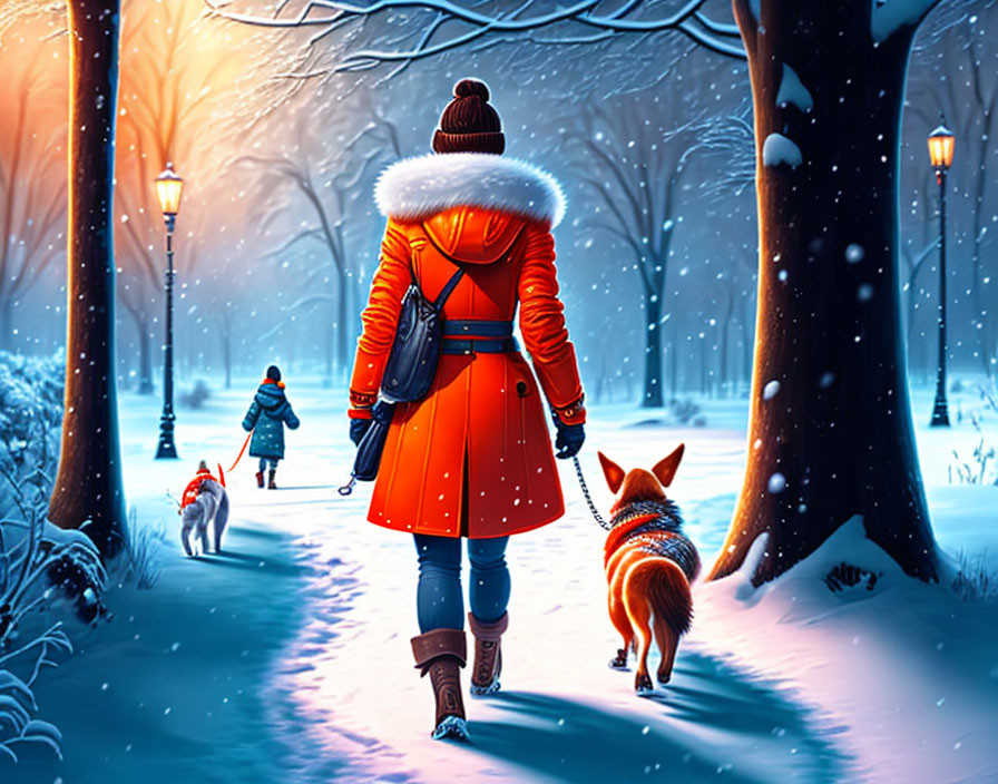 Person in orange coat walking dog in snowy park with glowing streetlights