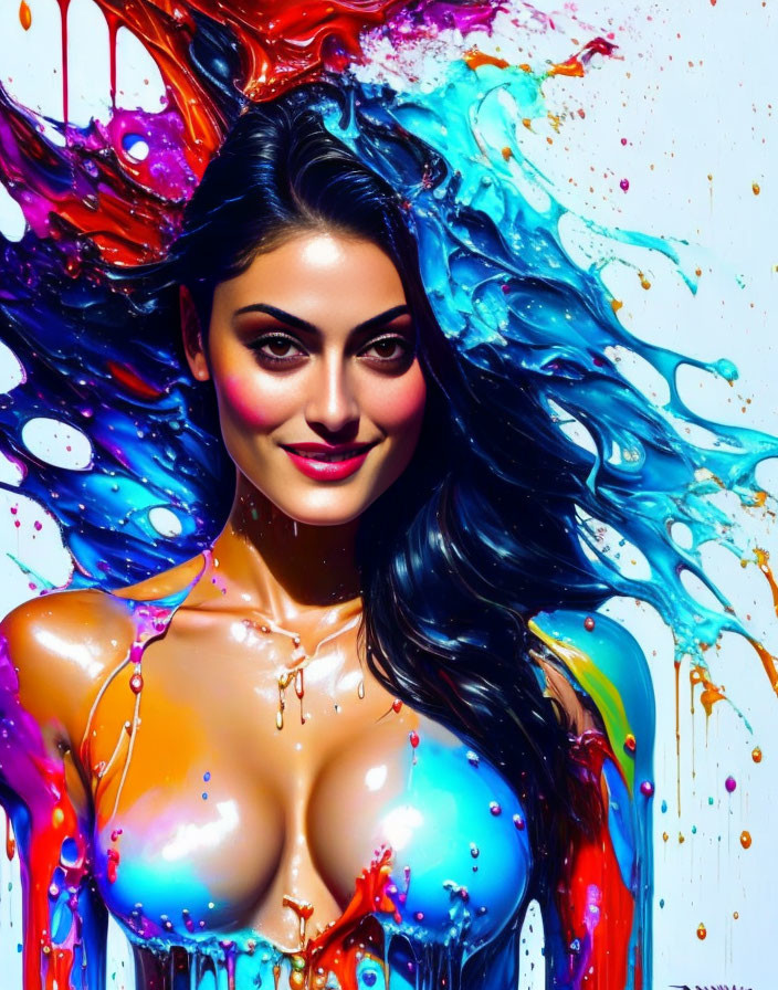 Colorful liquid adorns woman in vibrant artwork