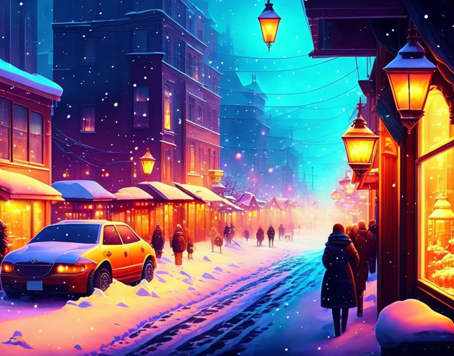 Snow-covered dusk street scene with pedestrians and parked car