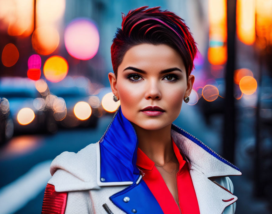 Modern red haircut woman with stylish makeup in urban setting with city lights.