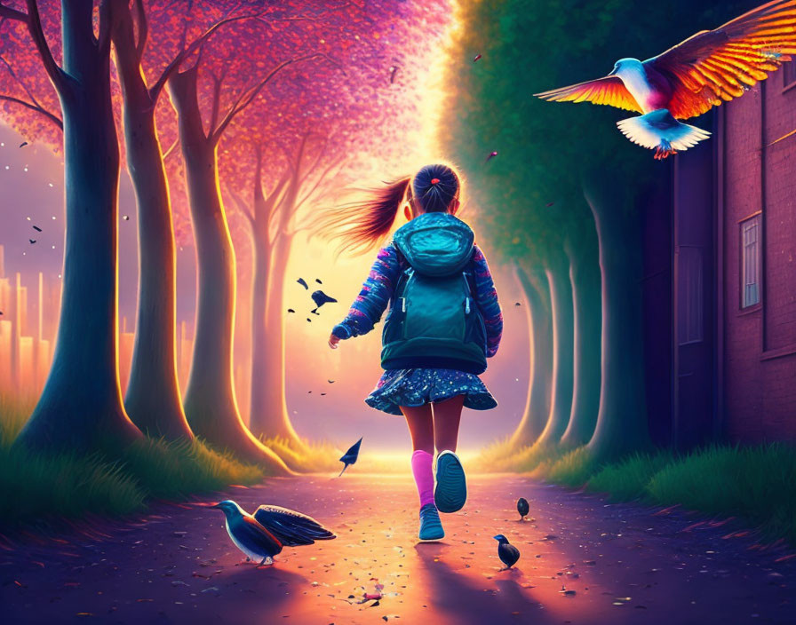 Girl walking down vibrant tree-lined path with birds and magical ambiance