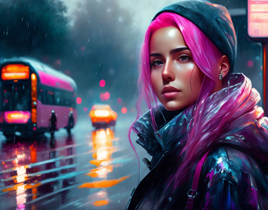 Woman with Pink Hair and Black Beanie in Rainy City Scene