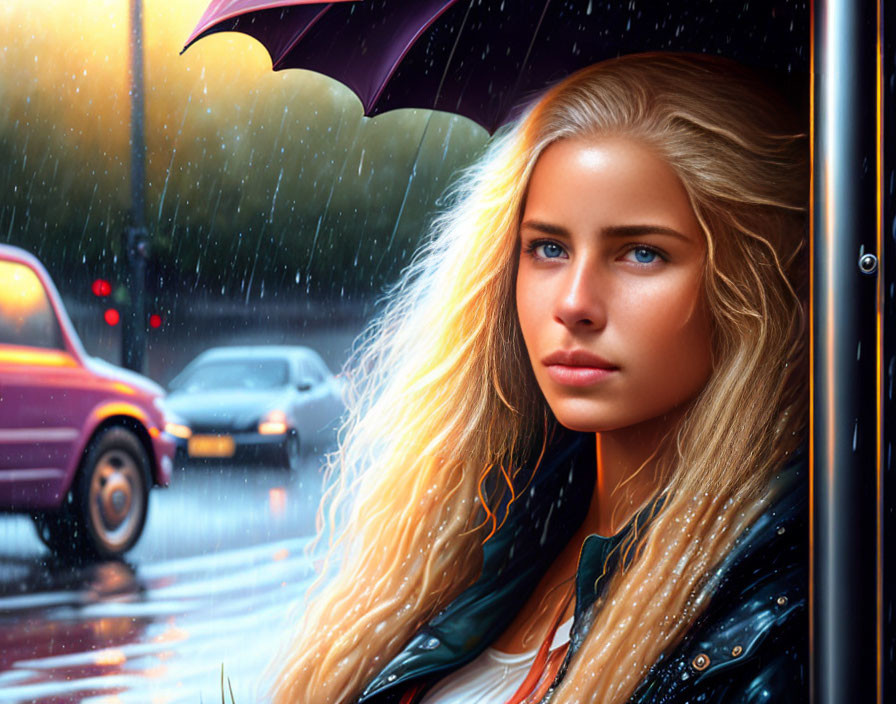 Blond woman under purple umbrella on rainy city street