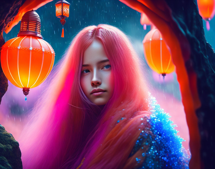 Girl with Pink Hair Surrounded by Red Lanterns and Trees in Rainy Scene