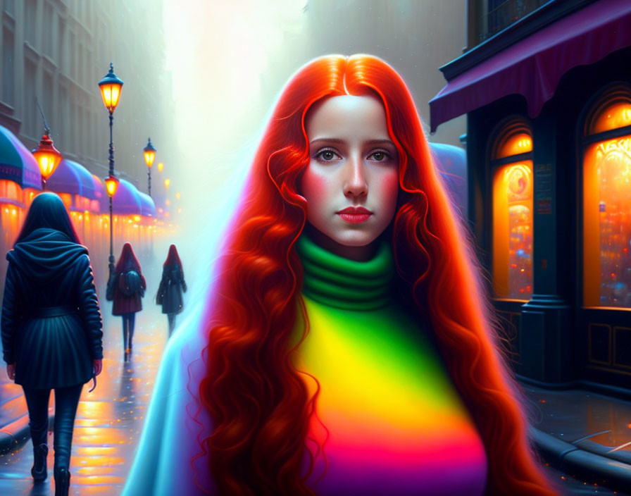 Vivid digital artwork: Woman with red hair, rainbow turtleneck, city street