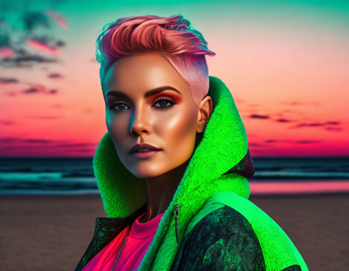 Pink-haired woman in bold makeup with green hoodie at beach sunset.