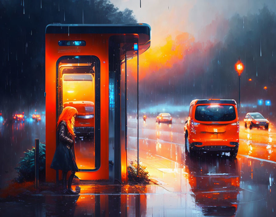 Red-haired person seeks shelter in glowing phone booth on rainy evening with passing cars.