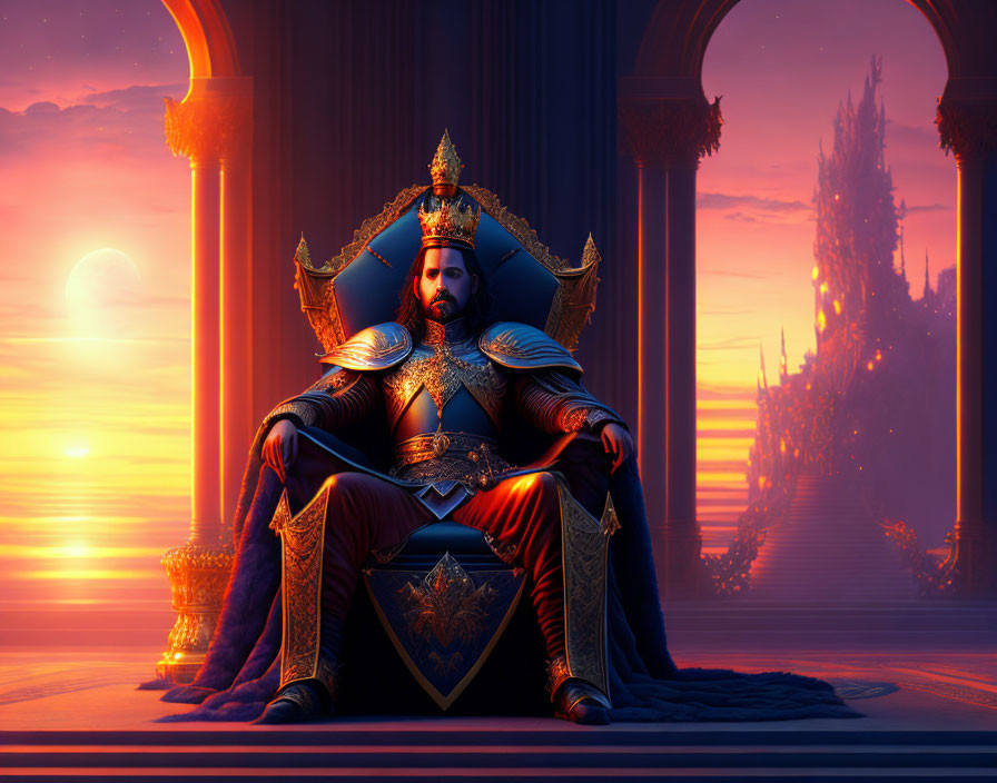 Regal figure in armor on ornate throne at sunset