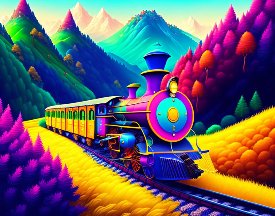 Colorful Train Passing Through Vibrant Landscape