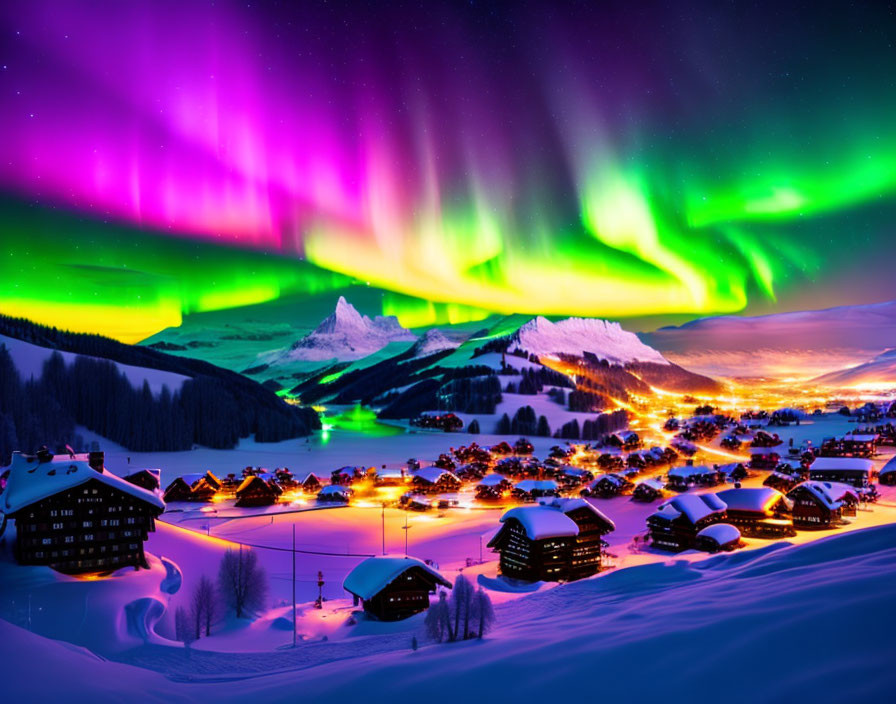 Colorful Aurora Borealis Over Snowy Village & Mountains