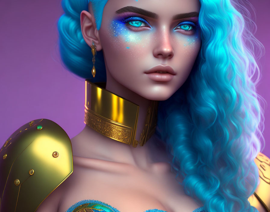 Detailed digital portrait of woman with vibrant blue hair, striking blue eyes, golden armor, and sparkling makeup