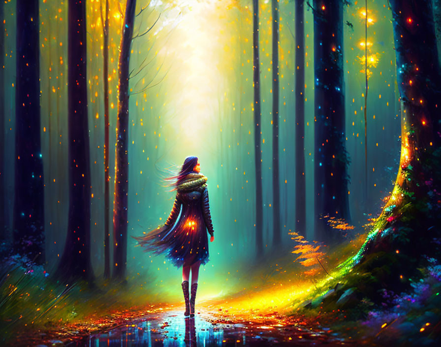 Figure Walking in Mystical Forest with Ethereal Lights