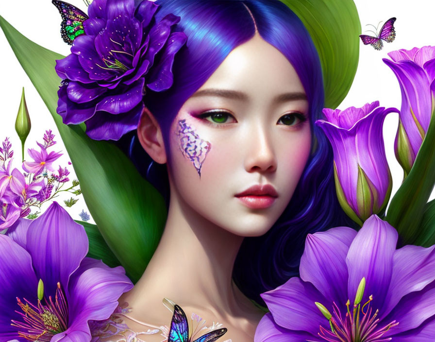 Violet-haired woman with floral hair accessories, butterflies, and cheek tattoo