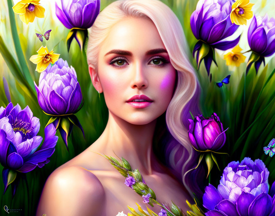 Platinum blonde woman with purple flowers and butterflies