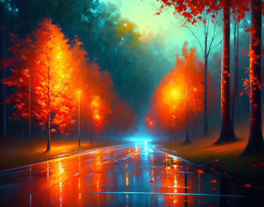 Colorful Painting: Wet Road, Autumn Trees, Twilight Sky