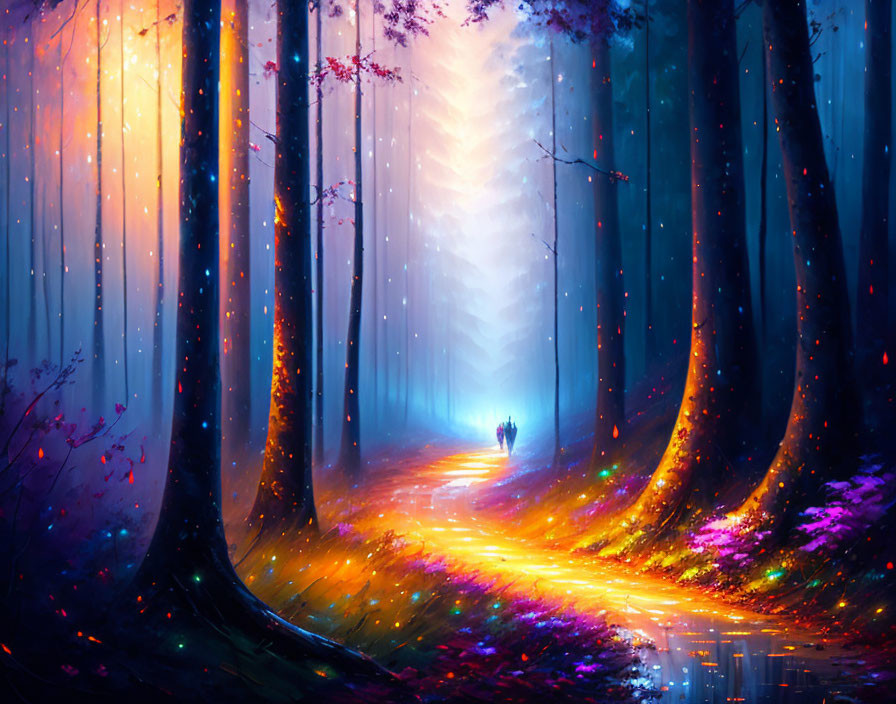 Vibrant digital art of magical forest with tall trees and glowing path